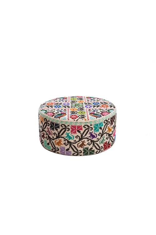 Carolina K Small Embroidered Ottoman Cream/Multi