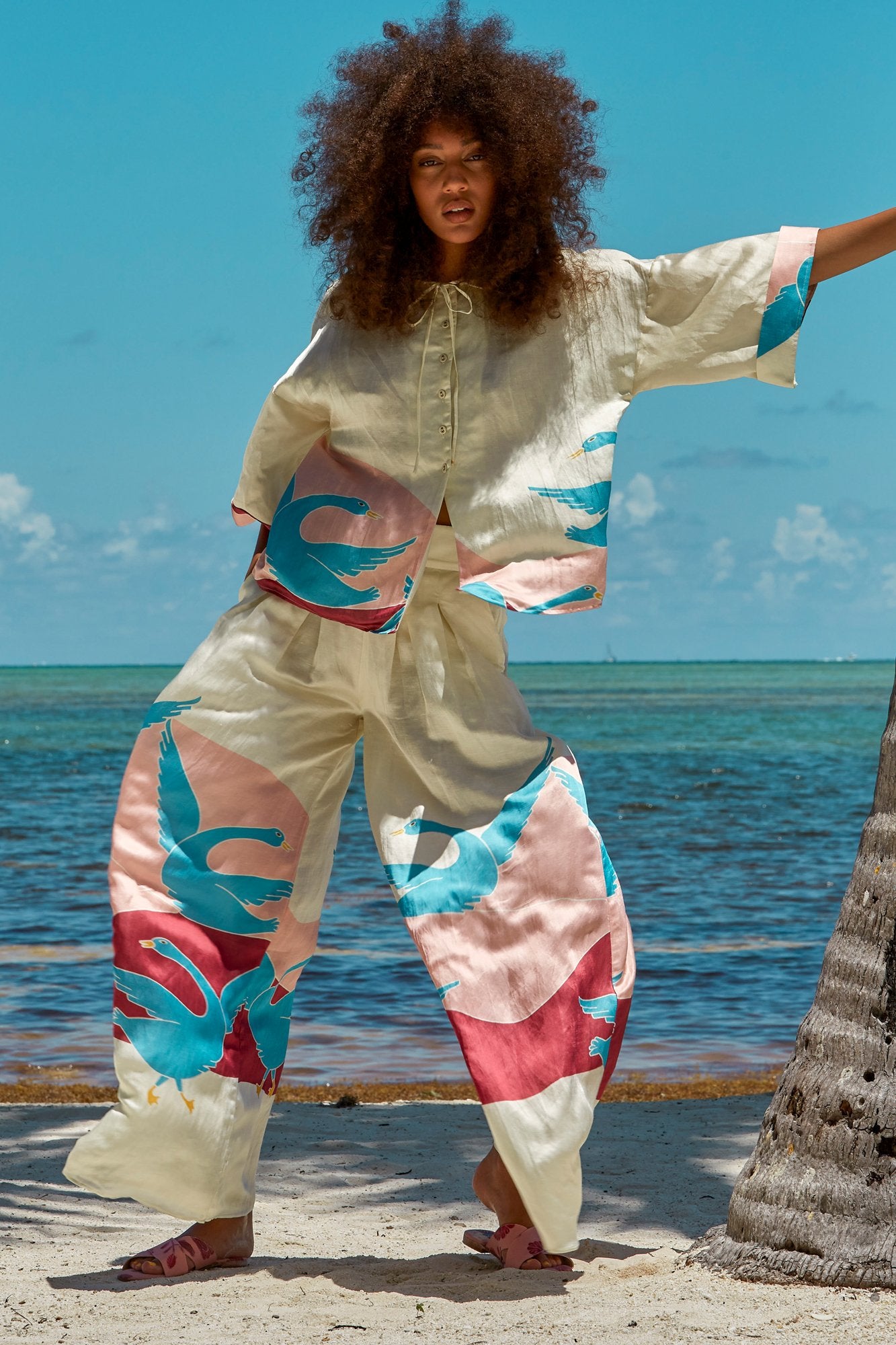 Carolina K Palazzo Pants in Bathing Birds Cream